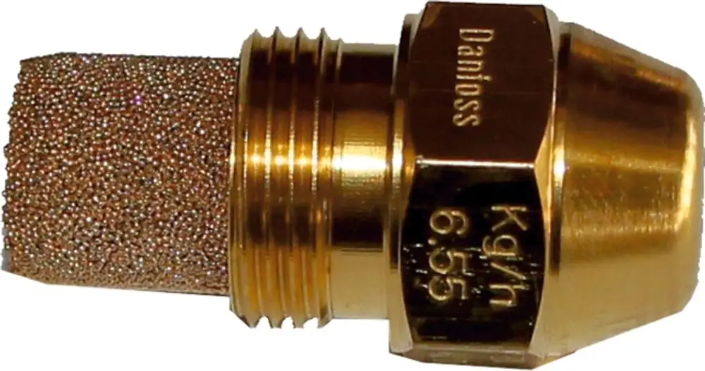 Goldfarbene Düse mit Filterelement, möglicherweise für Heizsysteme von Wolf, zur Regulierung des Flüssigkeitsdurchflusses in einem Kessel.